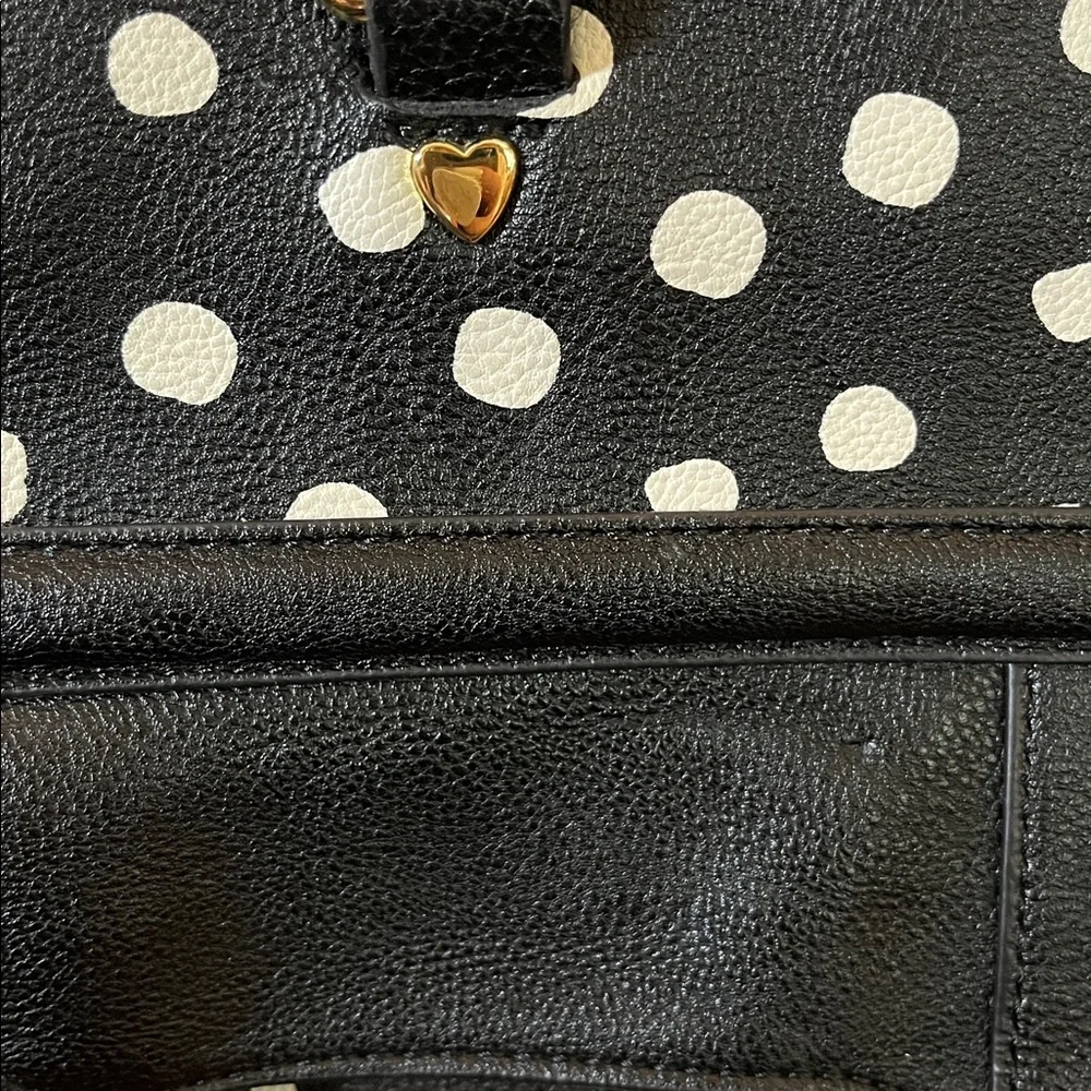 Betsey Johnson Black & White Polka Dot Satchel w/handles, heart clip & Bow Charm